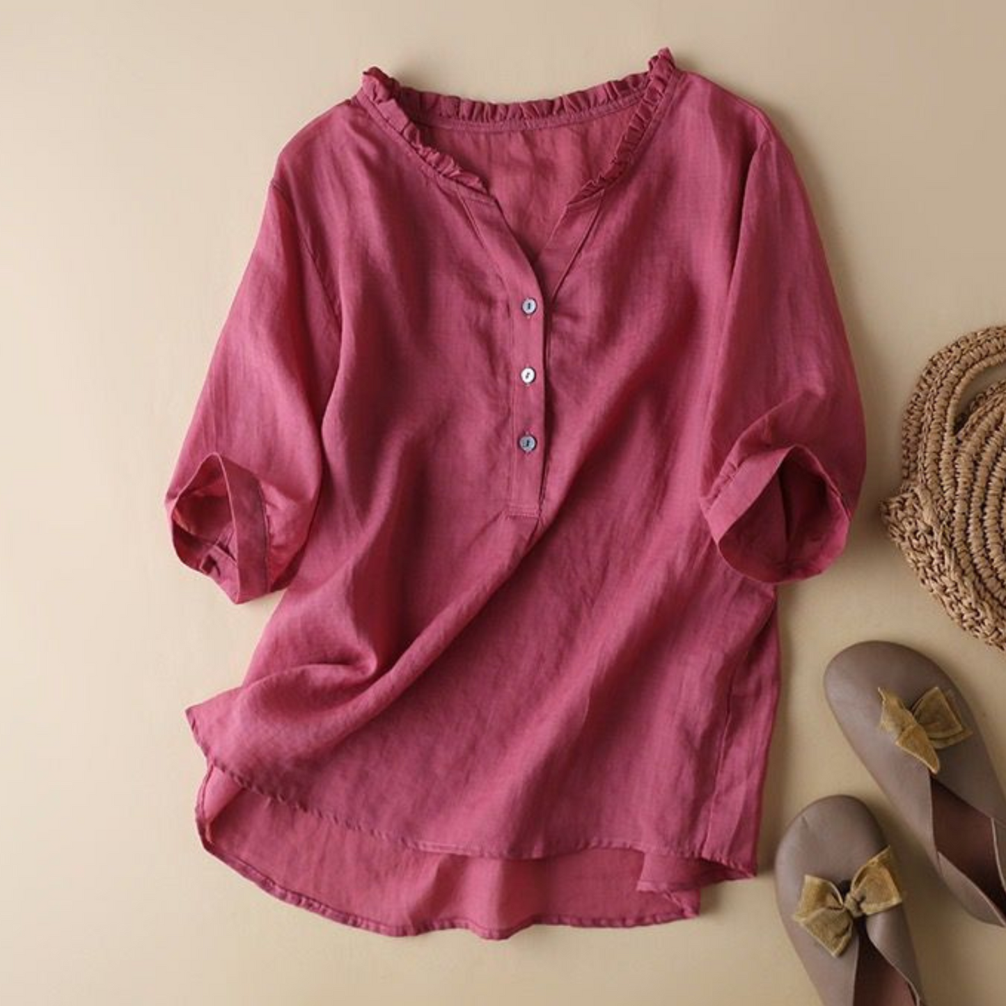 Pure Cotton Ruffled Neck Plain Top