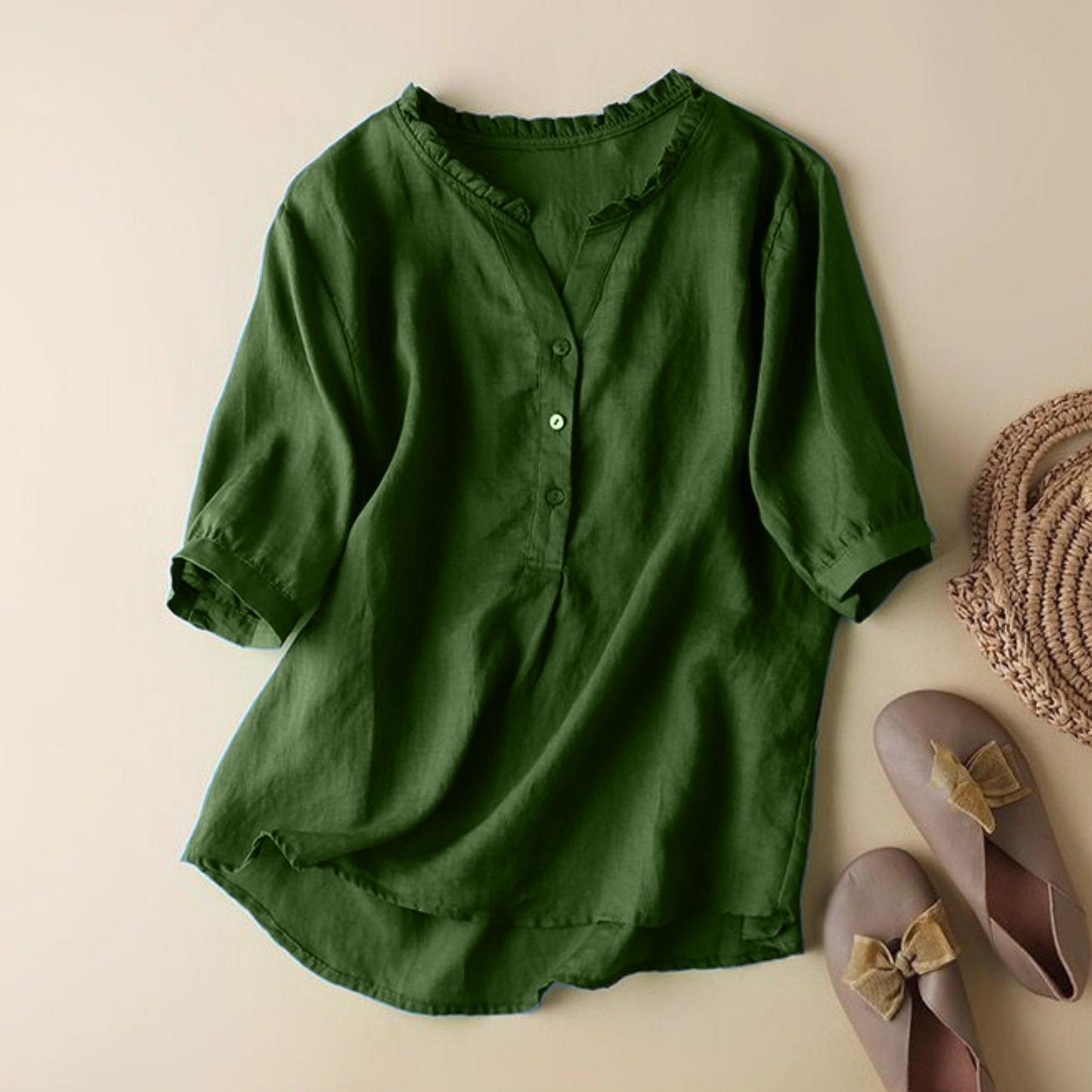 Pure Cotton Ruffled Neck Plain Top